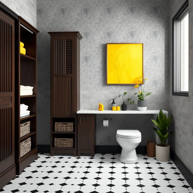 A stylish bathroom with gray solid tiled walls and elegant dark wood furniture, including a skirting board and shelves with baskets