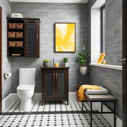 A stylish bathroom with gray solid tiled walls and elegant dark wood furniture, including a skirting board and shelves with baskets