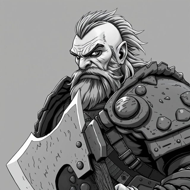 Anime-style greyscale illustration of a male half-orc fighter, depicted from the shoulders up, wearing detailed and rugged armor