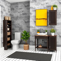 A stylish bathroom with gray solid tiled walls and elegant dark wood furniture, including a skirting board and shelves with baskets