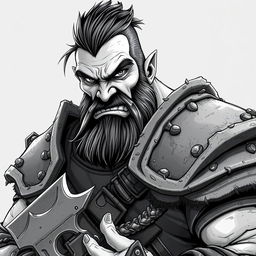 Anime-style greyscale illustration of a male half-orc fighter, depicted from the shoulders up, wearing detailed and rugged armor