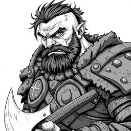 Anime-style greyscale illustration of a male half-orc fighter, depicted from the shoulders up, wearing detailed and rugged armor