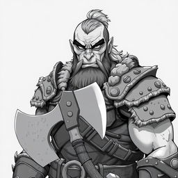 Anime-style greyscale illustration of a male half-orc fighter, depicted from the shoulders up, wearing detailed and rugged armor