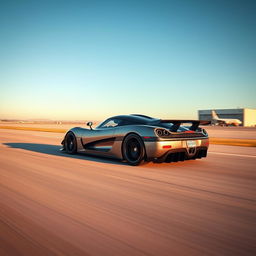 A powerful and sleek Koenigsegg Jesko sports car zooming down a wide NASA airstrip, the smooth tarmac beneath its wheels