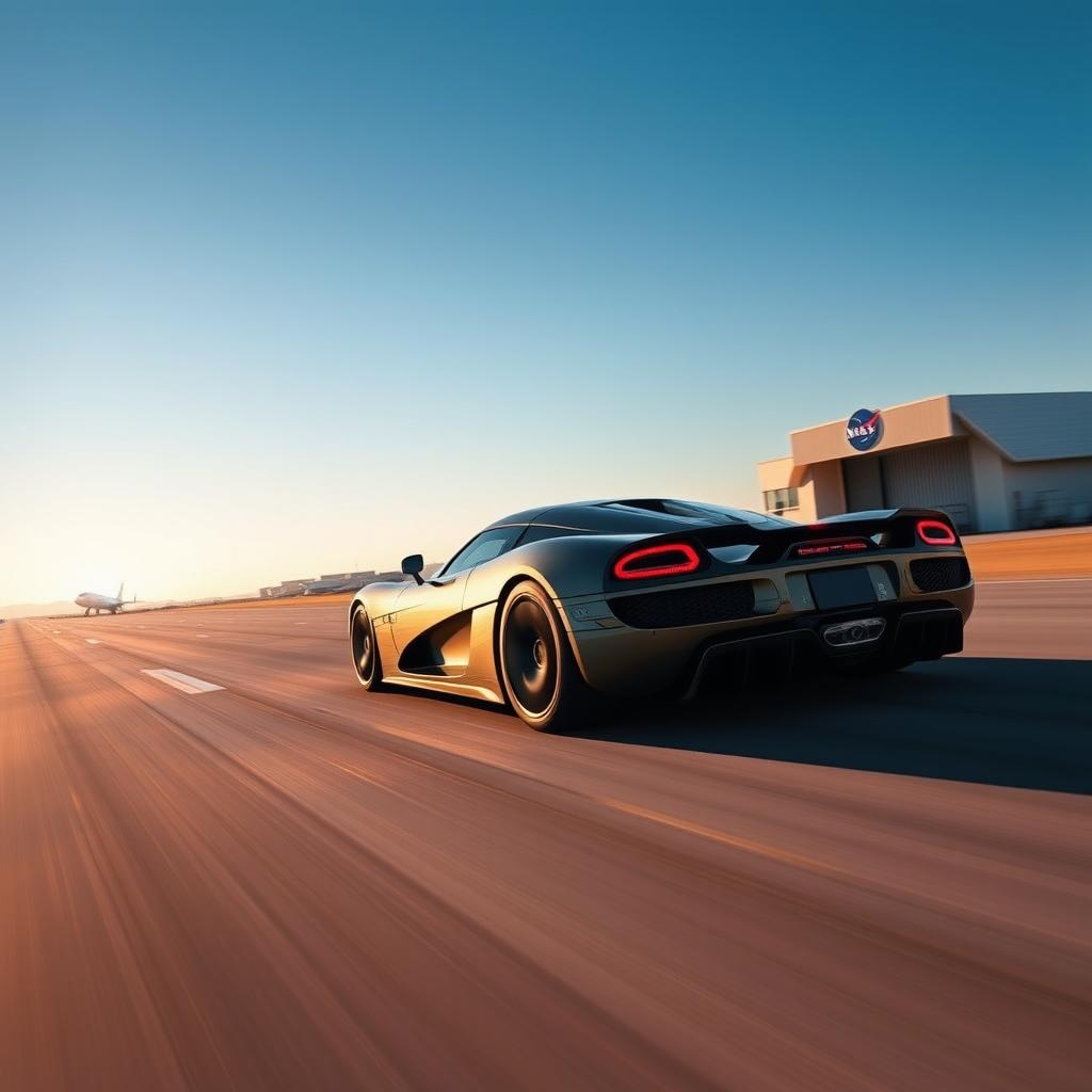 A powerful and sleek Koenigsegg Jesko sports car zooming down a wide NASA airstrip, the smooth tarmac beneath its wheels