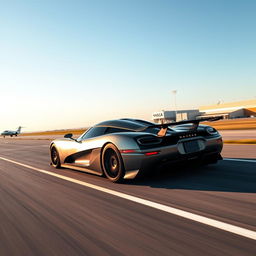 A powerful and sleek Koenigsegg Jesko sports car zooming down a wide NASA airstrip, the smooth tarmac beneath its wheels