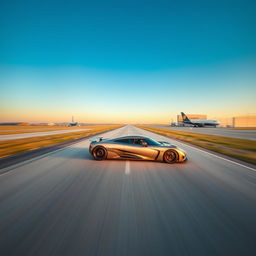 A powerful and sleek Koenigsegg Jesko sports car zooming down a wide NASA airstrip, the smooth tarmac beneath its wheels