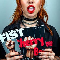 extreme close-up of a gorgeous redhead wearing a punk shirt with the text 'Cherry Bomb'