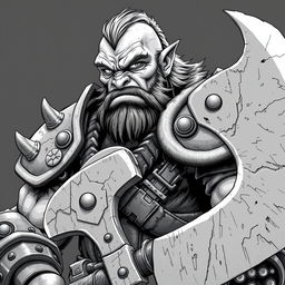 Anime-style greyscale illustration of a male orc fighter, depicted from the shoulders up, clad in robust and rugged armor