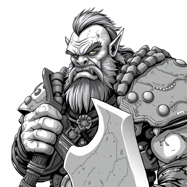 Anime-style greyscale illustration of a male orc fighter, depicted from the shoulders up, clad in robust and rugged armor