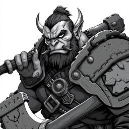 Anime-style greyscale illustration of a male orc fighter, depicted from the shoulders up, clad in robust and rugged armor