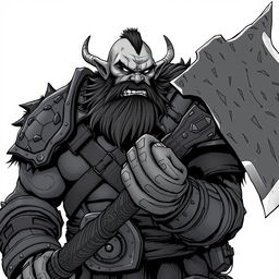 Anime-style greyscale illustration of a male orc fighter, depicted from the shoulders up, clad in robust and rugged armor