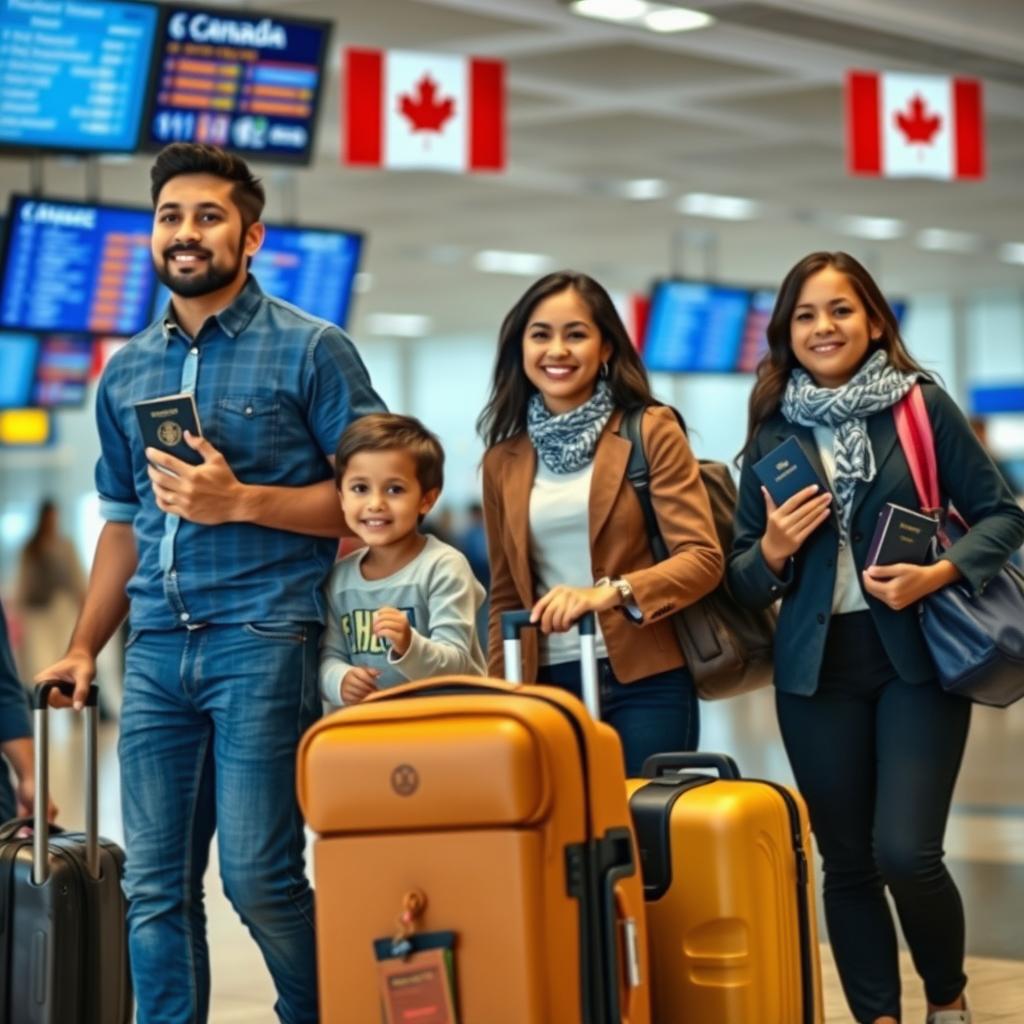 A realistic depiction of the legal migration process from Honduras to Canada, showcasing a hopeful family at the airport preparing for their journey