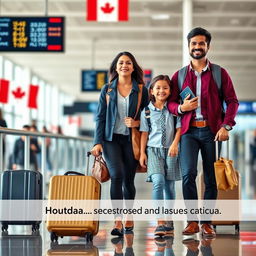 A realistic depiction of the legal migration process from Honduras to Canada, showcasing a hopeful family at the airport preparing for their journey