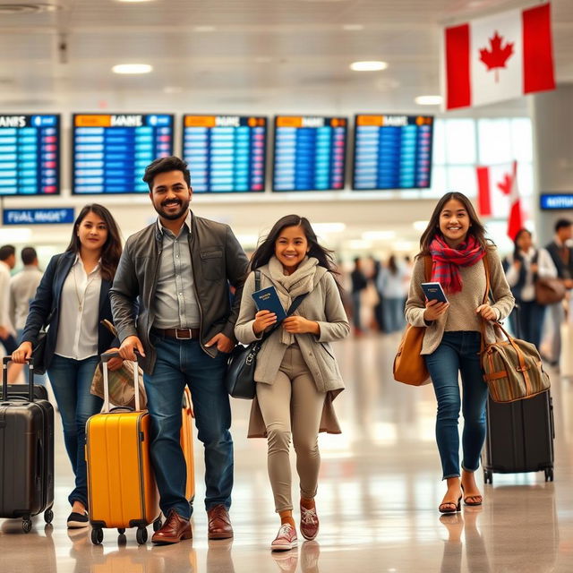 A realistic depiction of the legal migration process from Honduras to Canada, showcasing a hopeful family at the airport preparing for their journey