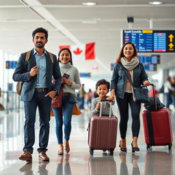 A realistic depiction of the legal migration process from Honduras to Canada, showcasing a hopeful family at the airport preparing for their journey