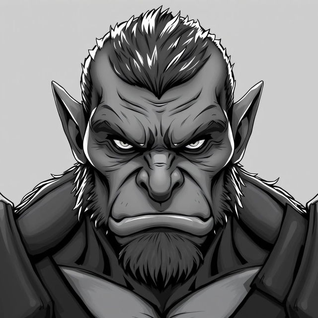 Anime-style greyscale illustration of a male orc fighter, depicted from the shoulders up