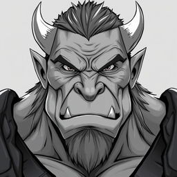 Anime-style greyscale illustration of a male orc fighter, depicted from the shoulders up