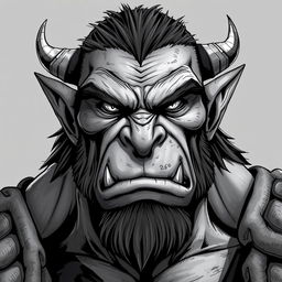 Anime-style greyscale illustration of a male orc fighter, depicted from the shoulders up