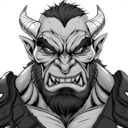 Anime-style greyscale illustration of a male orc fighter, depicted from the shoulders up