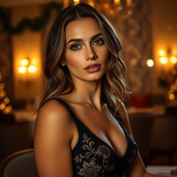 A sensual portrait of a woman in an elegant, stylized setting, wearing a dress with intricate patterns