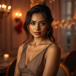 A sensual portrait of a woman in an elegant, stylized setting, wearing a dress with intricate patterns