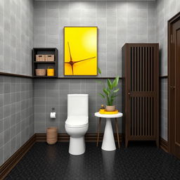 A beautifully designed bathroom featuring gray solid tiled walls and dark wood furniture, including a dark wood skirting board and shelves adorned with baskets