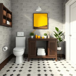 A beautifully designed bathroom featuring gray solid tiled walls and dark wood furniture, including a dark wood skirting board and shelves adorned with baskets