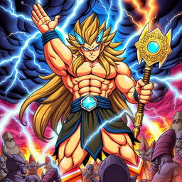 Thorrak, the God of Thunder and Destruction, illustrated in the style of Dragon Ball Z