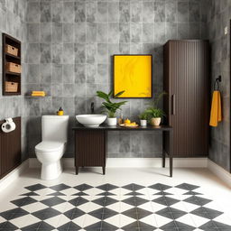 A beautifully designed bathroom featuring gray solid tiled walls and dark wood furniture, including a dark wood skirting board and shelves adorned with baskets