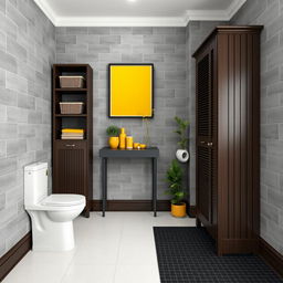 A beautifully designed bathroom featuring gray solid tiled walls and dark wood furniture, including a dark wood skirting board and shelves adorned with baskets