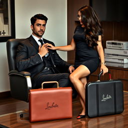 A sensual scene set in a business office, featuring a dark-haired, deep black-eyed, slightly muscular man with a serious expression sitting perfectly postured in a chair