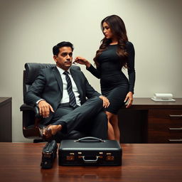 A sensual scene set in a business office, featuring a dark-haired, deep black-eyed, slightly muscular man with a serious expression sitting perfectly postured in a chair