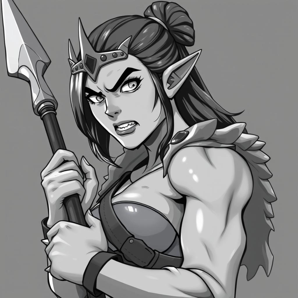 Anime-style greyscale illustration of a female orc fighter, depicted from the shoulders up, wielding a spear