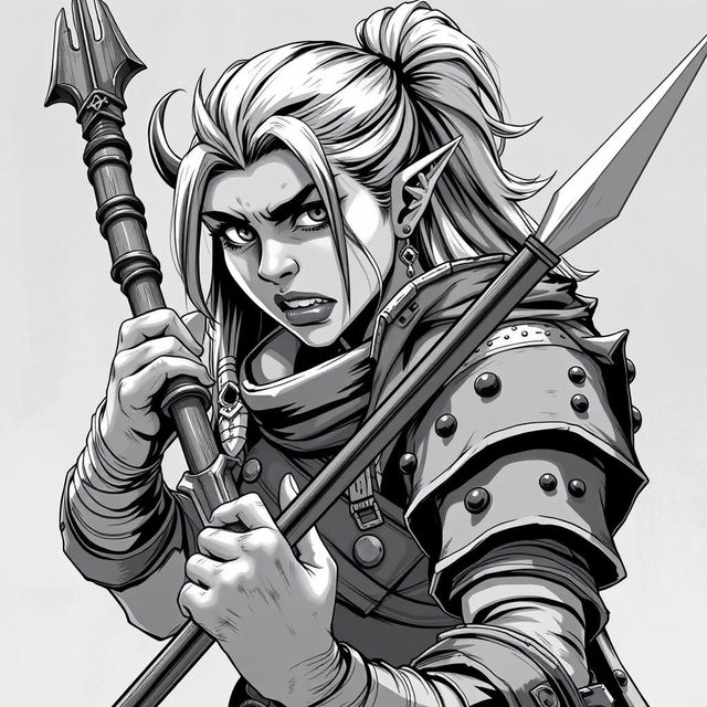 Anime-style greyscale illustration of a female orc fighter, depicted from the shoulders up, wielding a spear