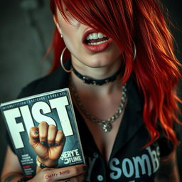 An extreme close-up of a gorgeous redhead wearing a punk shirt with the text 'Cherry Bomb'