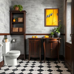 An Art Nouveau style bathroom showcasing gray solid tiled walls paired with rich dark wood furniture, including a dark wood skirting board and tastefully designed shelves adorned with baskets