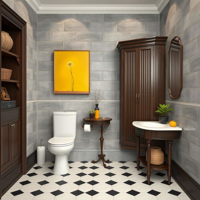 An Art Nouveau style bathroom showcasing gray solid tiled walls paired with rich dark wood furniture, including a dark wood skirting board and tastefully designed shelves adorned with baskets