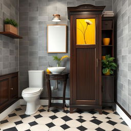 An Art Nouveau style bathroom showcasing gray solid tiled walls paired with rich dark wood furniture, including a dark wood skirting board and tastefully designed shelves adorned with baskets