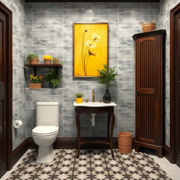 An Art Nouveau style bathroom showcasing gray solid tiled walls paired with rich dark wood furniture, including a dark wood skirting board and tastefully designed shelves adorned with baskets