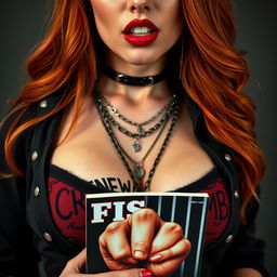 Extreme close-up of a gorgeous redhead wearing a punk shirt with 'Cherry Bomb' printed on it