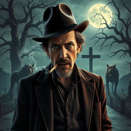 A captivating D&D-inspired scene featuring the singer Tom Waits at a mystical crossroads, wearing his iconic fedora and smoking a cigarette