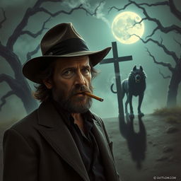 A captivating D&D-inspired scene featuring the singer Tom Waits at a mystical crossroads, wearing his iconic fedora and smoking a cigarette