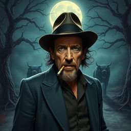 A captivating D&D-inspired scene featuring the singer Tom Waits at a mystical crossroads, wearing his iconic fedora and smoking a cigarette