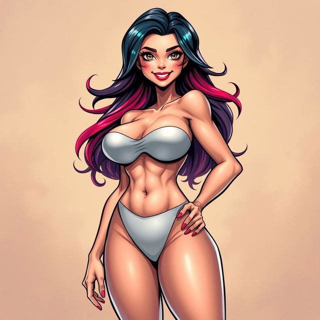 A fantastical and exaggerated depiction of a woman with vibrant and shapely curves