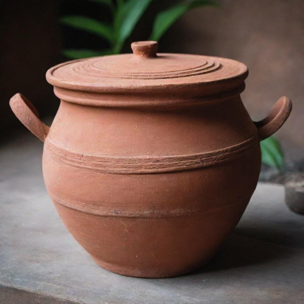 An Indonesian traditional cooking pot named Joko Kendil made from clay, with rustic aesthetics and evoking cultural authenticity.