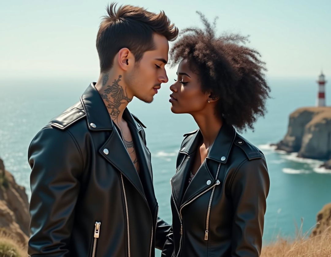 A teenage biker with short hair, wearing a leather jacket and black pants, tattooed on the neck