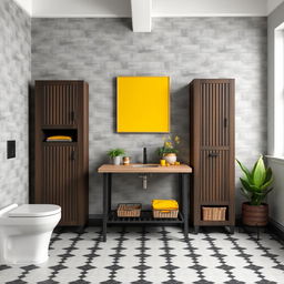 A loft-style bathroom featuring gray solid tiled walls combined with dark wood furniture, including a skirting board and shelves equipped with baskets