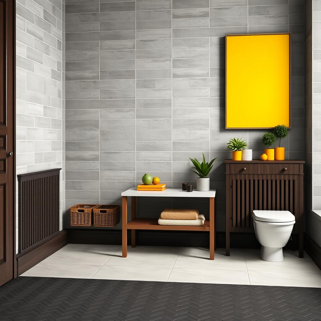 A loft-style bathroom featuring gray solid tiled walls combined with dark wood furniture, including a skirting board and shelves equipped with baskets