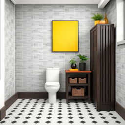 A loft-style bathroom featuring gray solid tiled walls combined with dark wood furniture, including a skirting board and shelves equipped with baskets